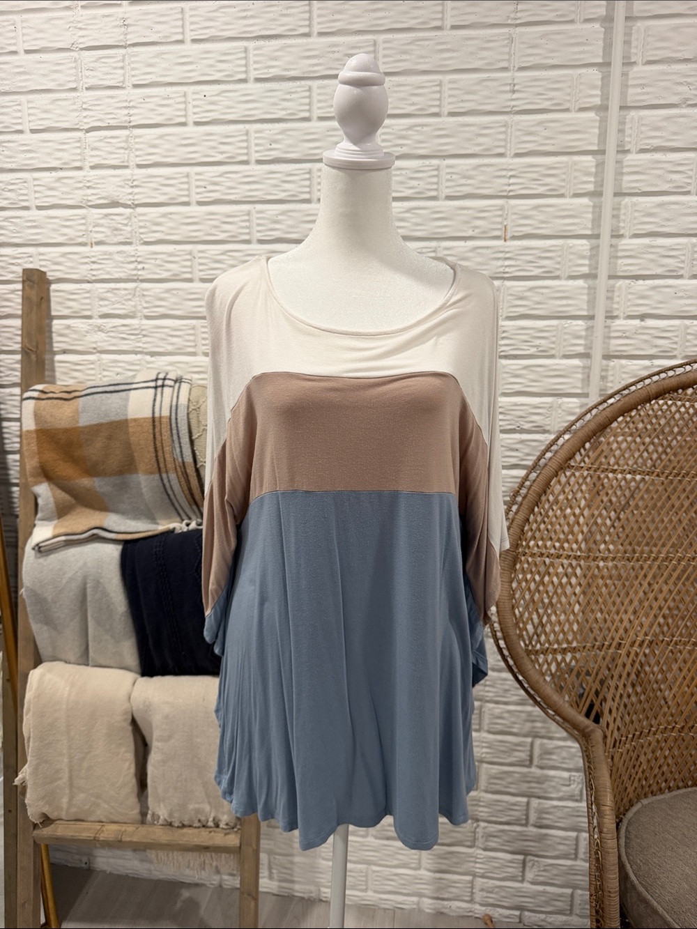 Relaxed Colorblock Scoop Neck Top in Cream, Taupe & Dusty Blue